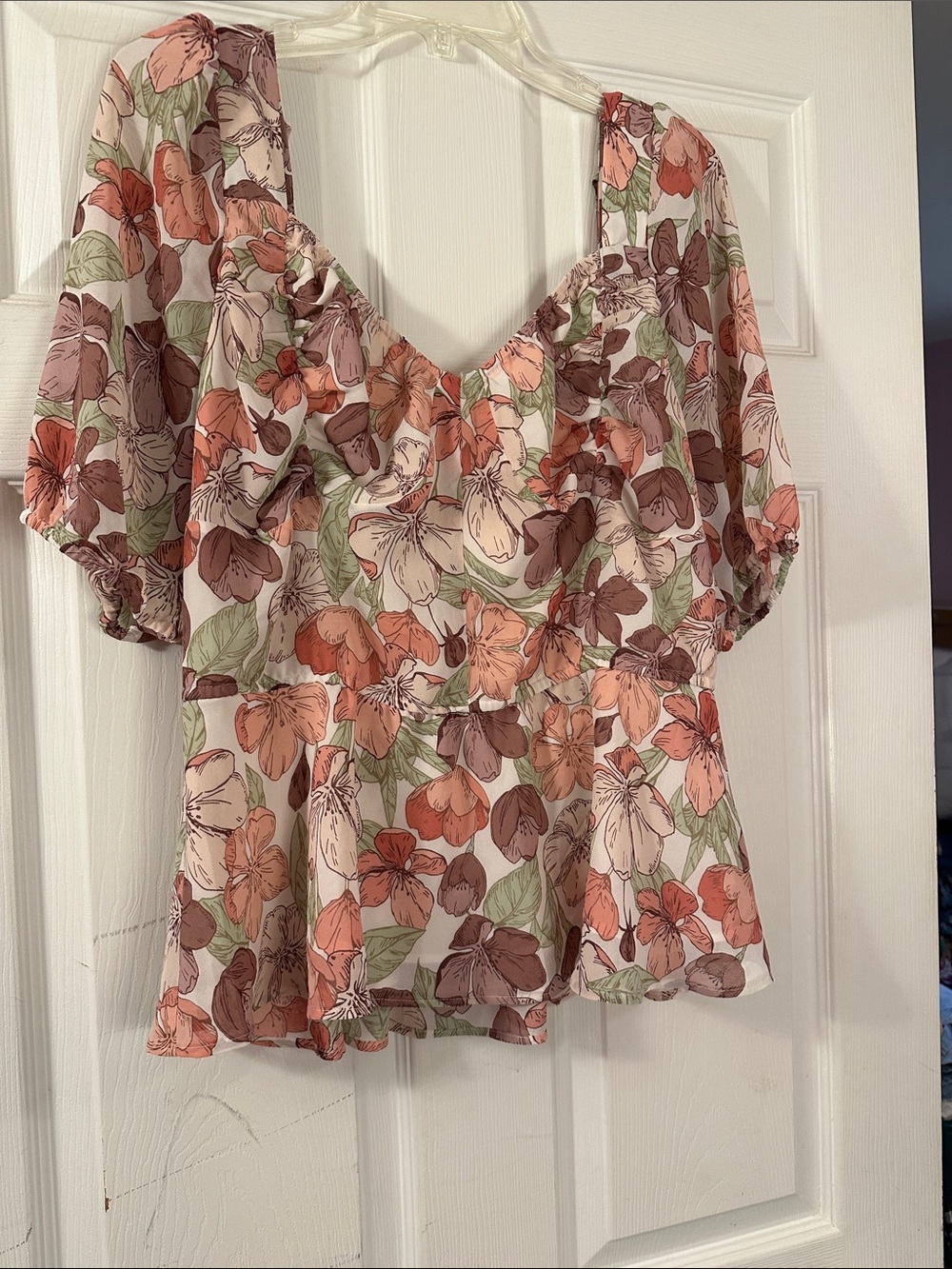 Cato Floral Peplum Blouse in Peach, Sage & Brown